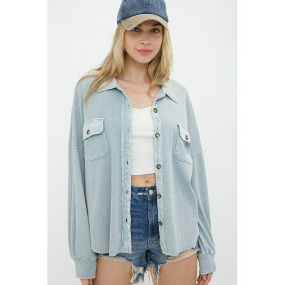 Not Your Boyfriend's Textured Knit Shirt Jacket in Blue - Picture 1 of 2